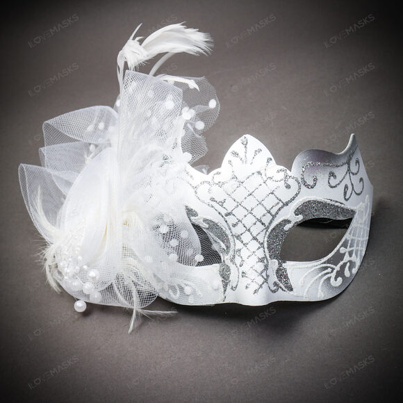 ILOVEMASKS Accessories - Flower Venetian Carnival Feather Masquerade Mask for Women - White Silver